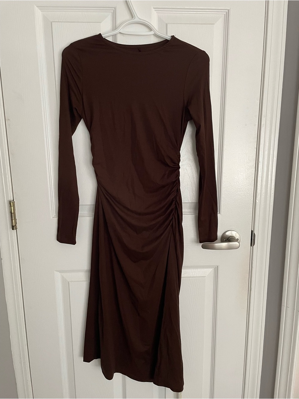 OGL Brown Long-Sleeve Ruched Midi Dress